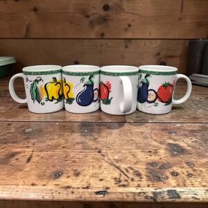Tom Prager Vegetable Coffee Cups, Set of 4, Eggplant Tomato Pea, Vintage Mugs